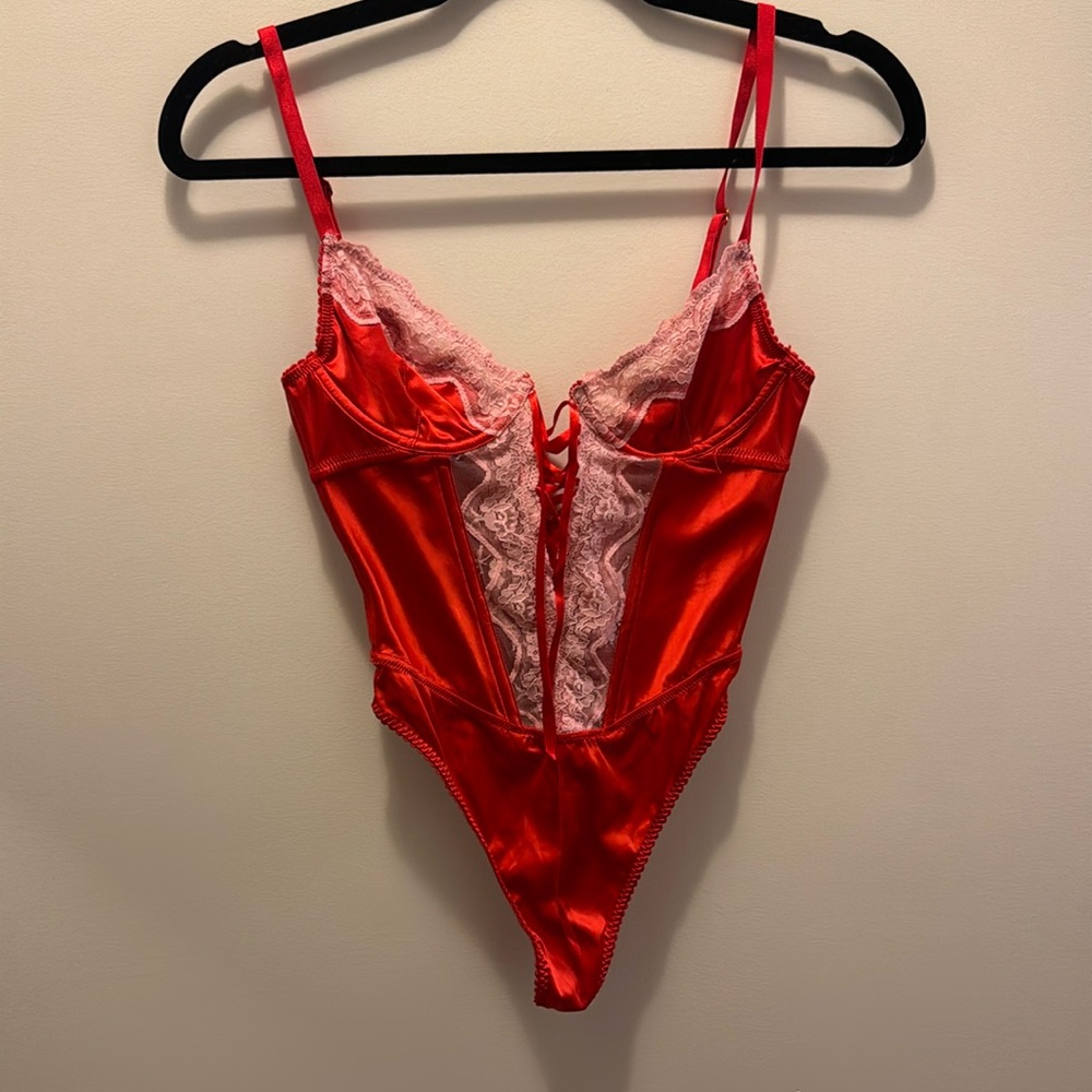 Savage x Fenty Red Lace-Trimmed Satin Bodysuit